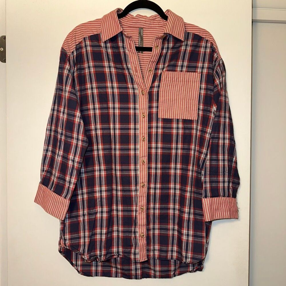 Anthropologie Women’s XS Red Blue Plaid Tunic Stripe Panel Long Sleeve EUC